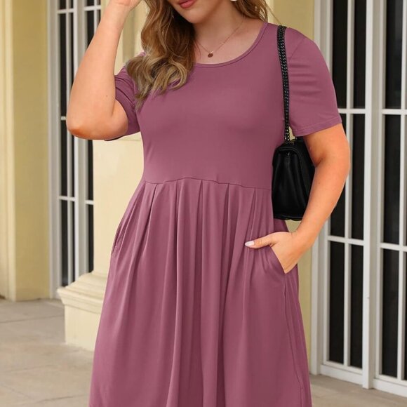 Plus Size Women's Pleated Swing Dress Pockets Knee Length Summer - Picture 2 of 4